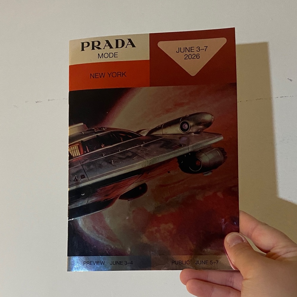 PRADA Mode Brochure with Red-Orange, Cream and Metallic Accents